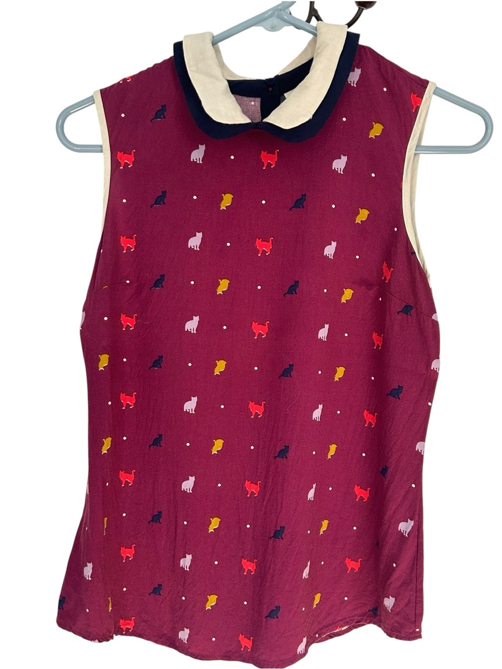 ModCloth cat print sleeveless top with collar  button blouse size S